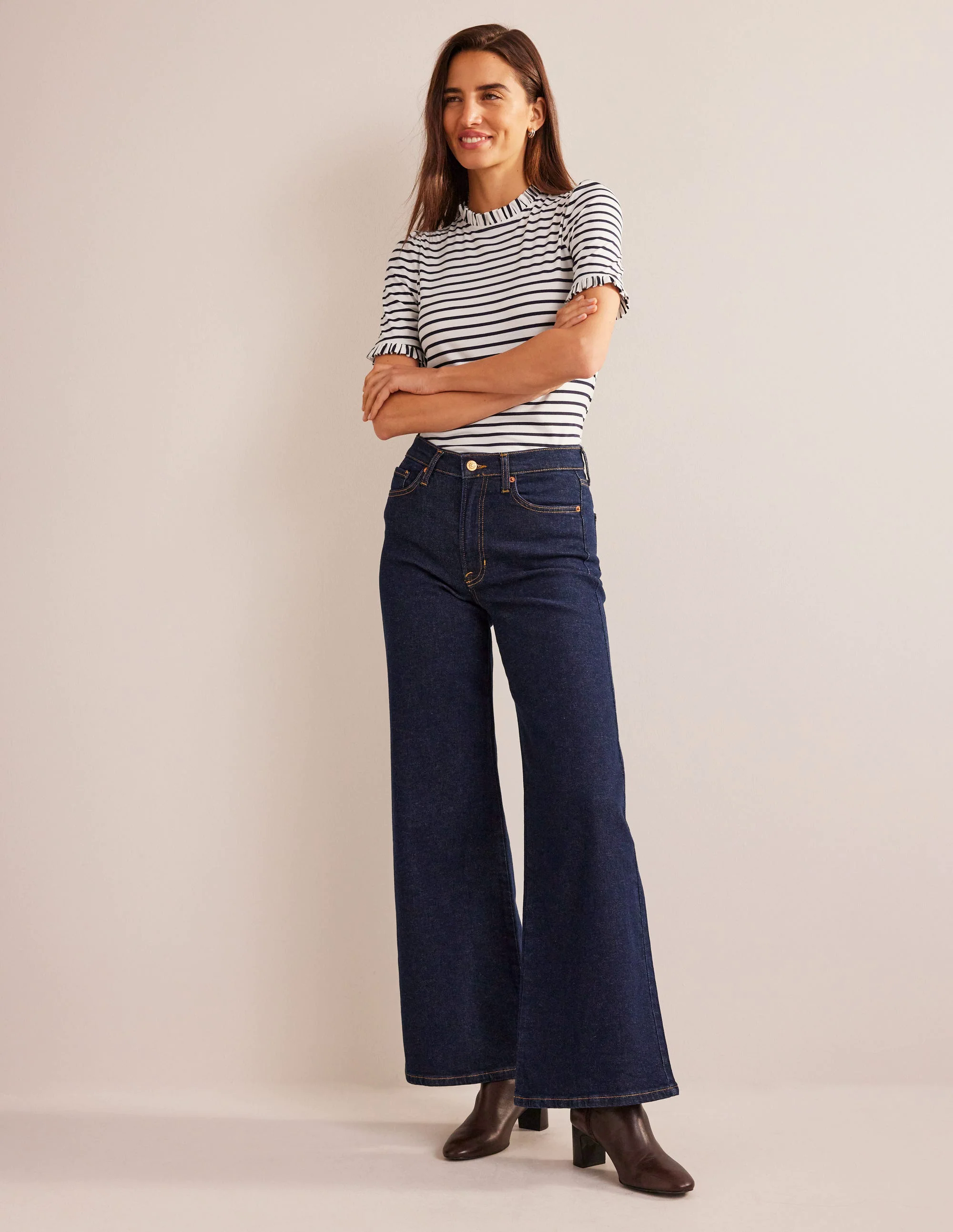 Supersoft Frill Detail T-shirt-Ivory, Navy Stripe Supersoft Frill Detail T-shirt-Ivory, Navy Stripe