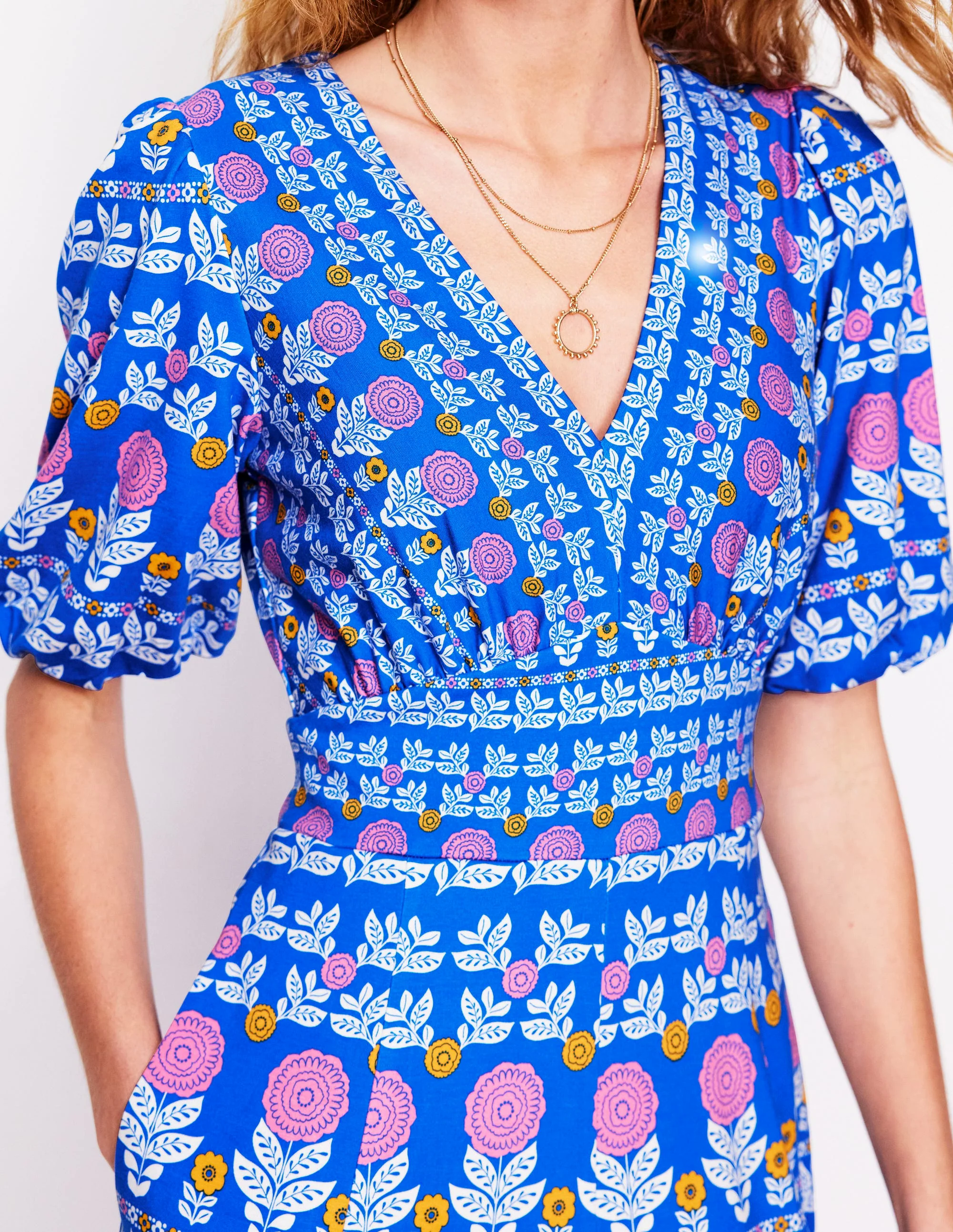 Ponte Puff Sleeve Tea Dress-Gallery Blue, Dahlia Garden Ponte Puff Sleeve Tea Dress-Gallery Blue, Dahlia Garden