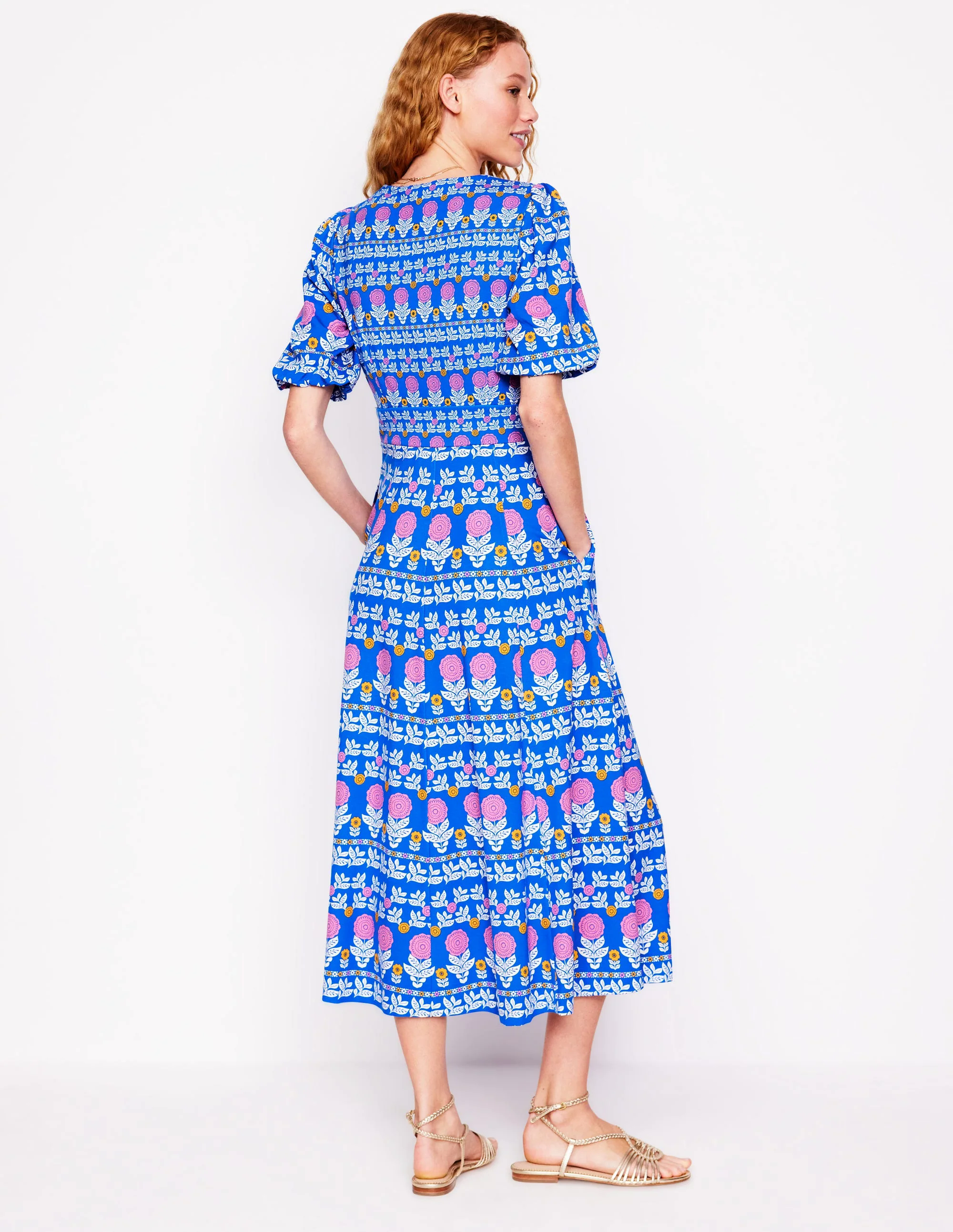 Ponte Puff Sleeve Tea Dress-Gallery Blue, Dahlia Garden Ponte Puff Sleeve Tea Dress-Gallery Blue, Dahlia Garden