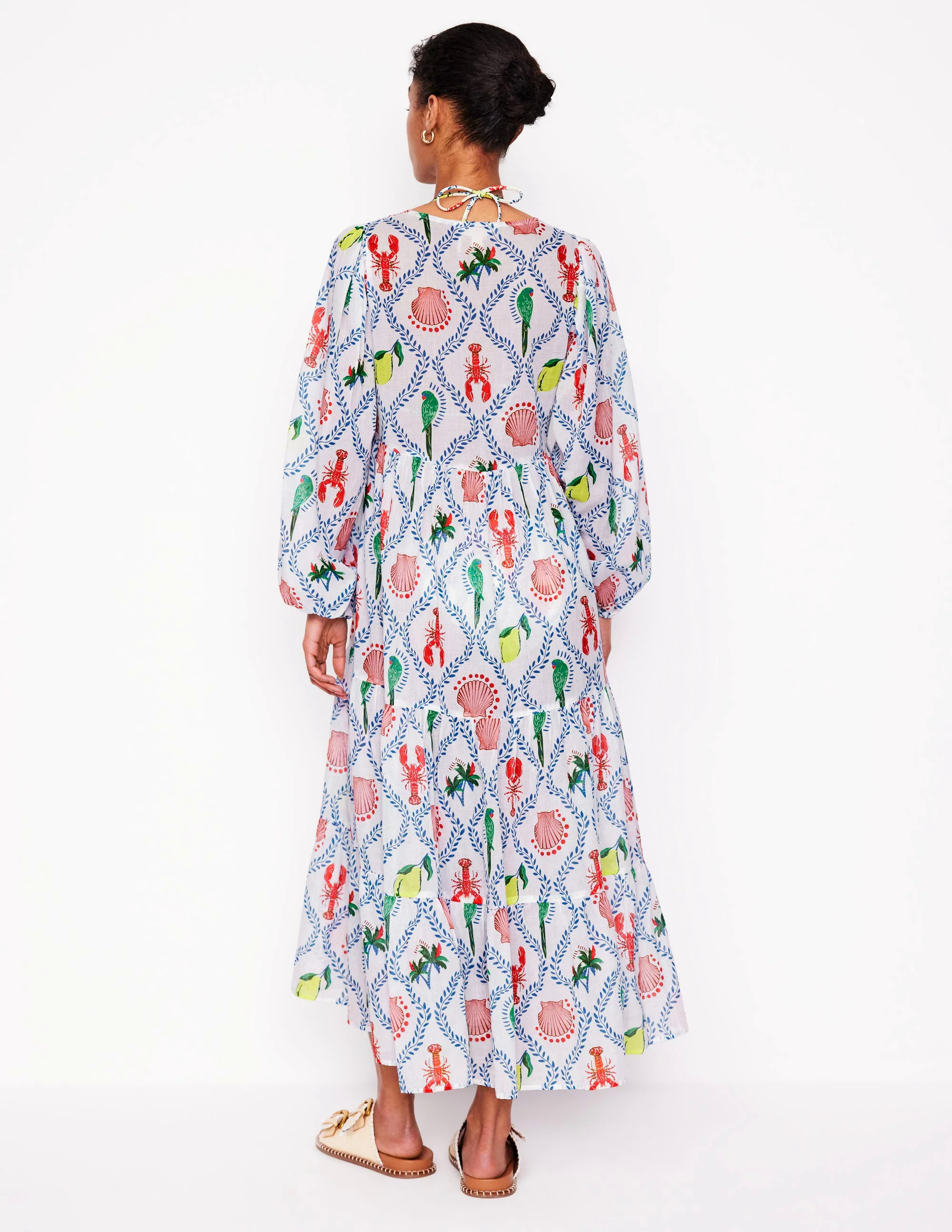 V-Neck Tiered Cotton Kaftan-Ivory, Tropical Bonanza V-Neck Tiered Cotton Kaftan-Ivory, Tropical Bonanza