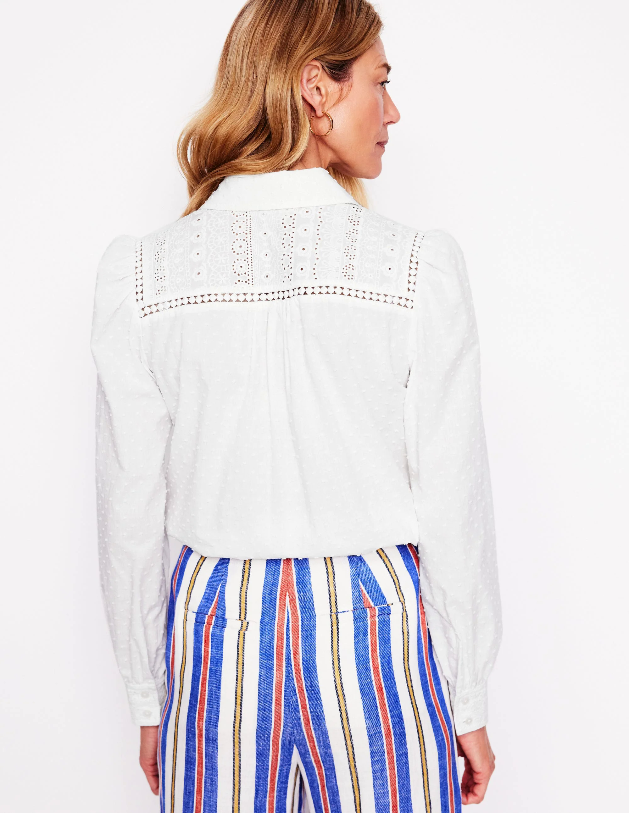 Broderie Contrast Yoke Shirt-White Broderie Contrast Yoke Shirt-White