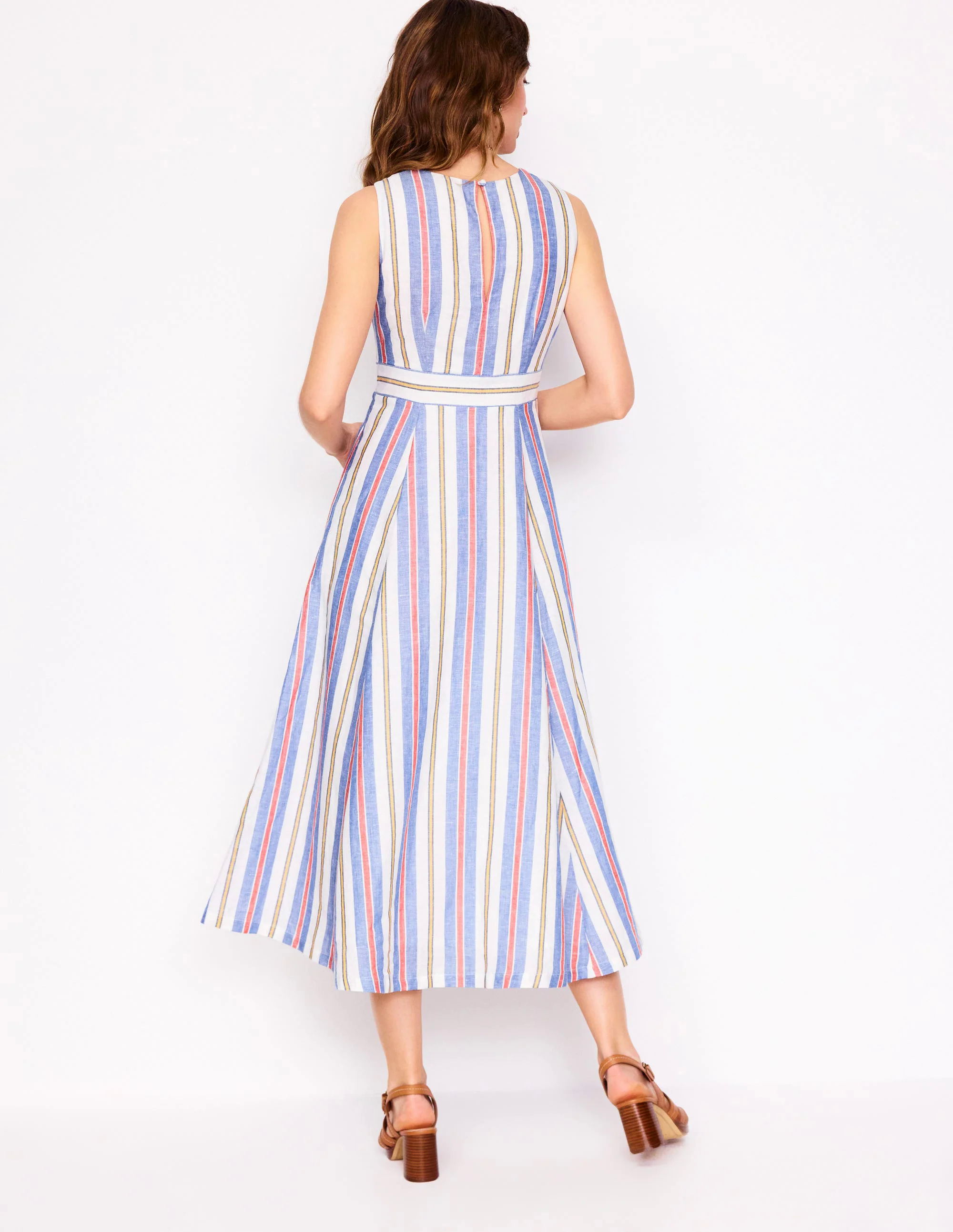 Sleeveless Linen Blend Dress-Bright Blue and Brown Stripe