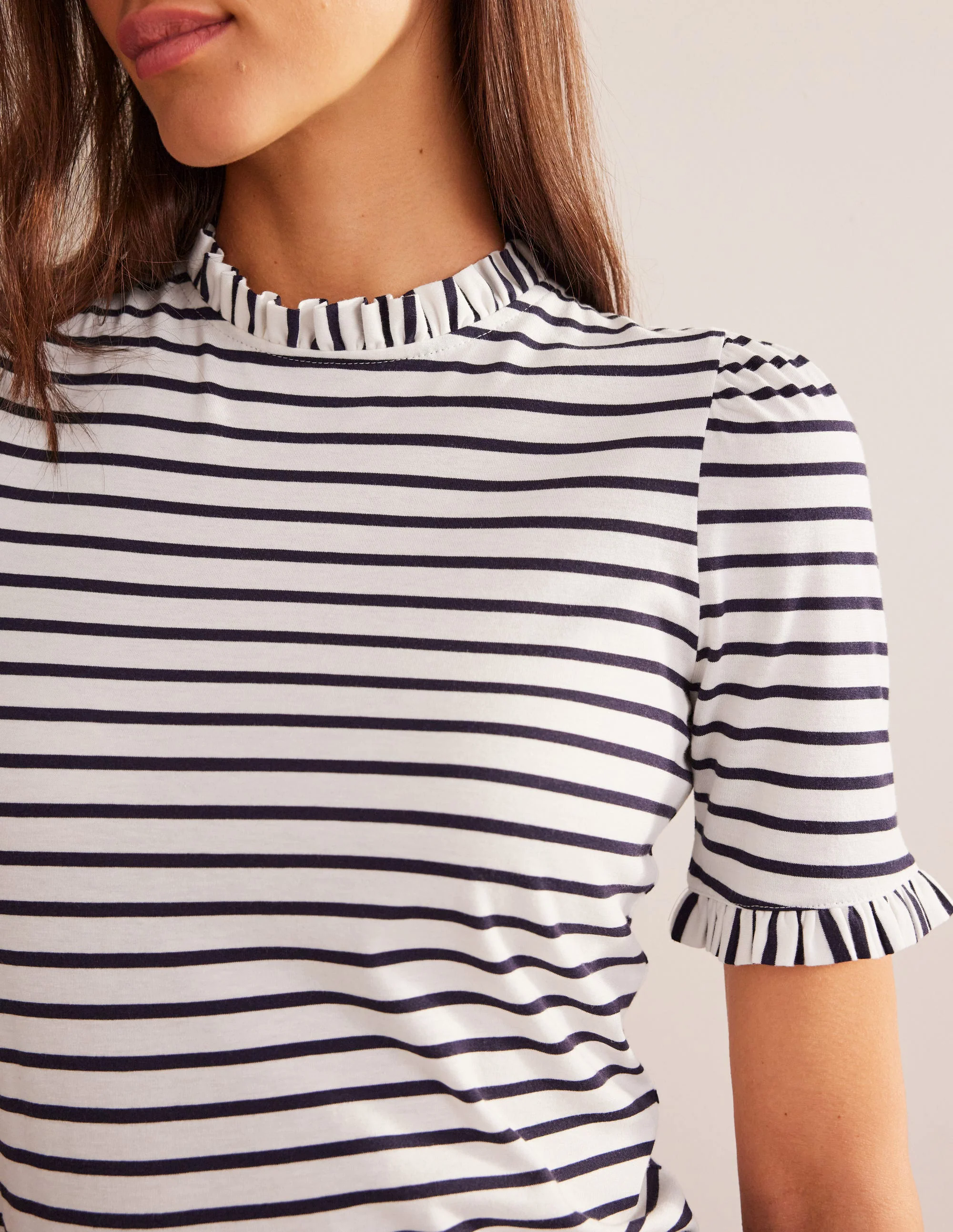 Supersoft Frill Detail T-shirt-Ivory, Navy Stripe Supersoft Frill Detail T-shirt-Ivory, Navy Stripe