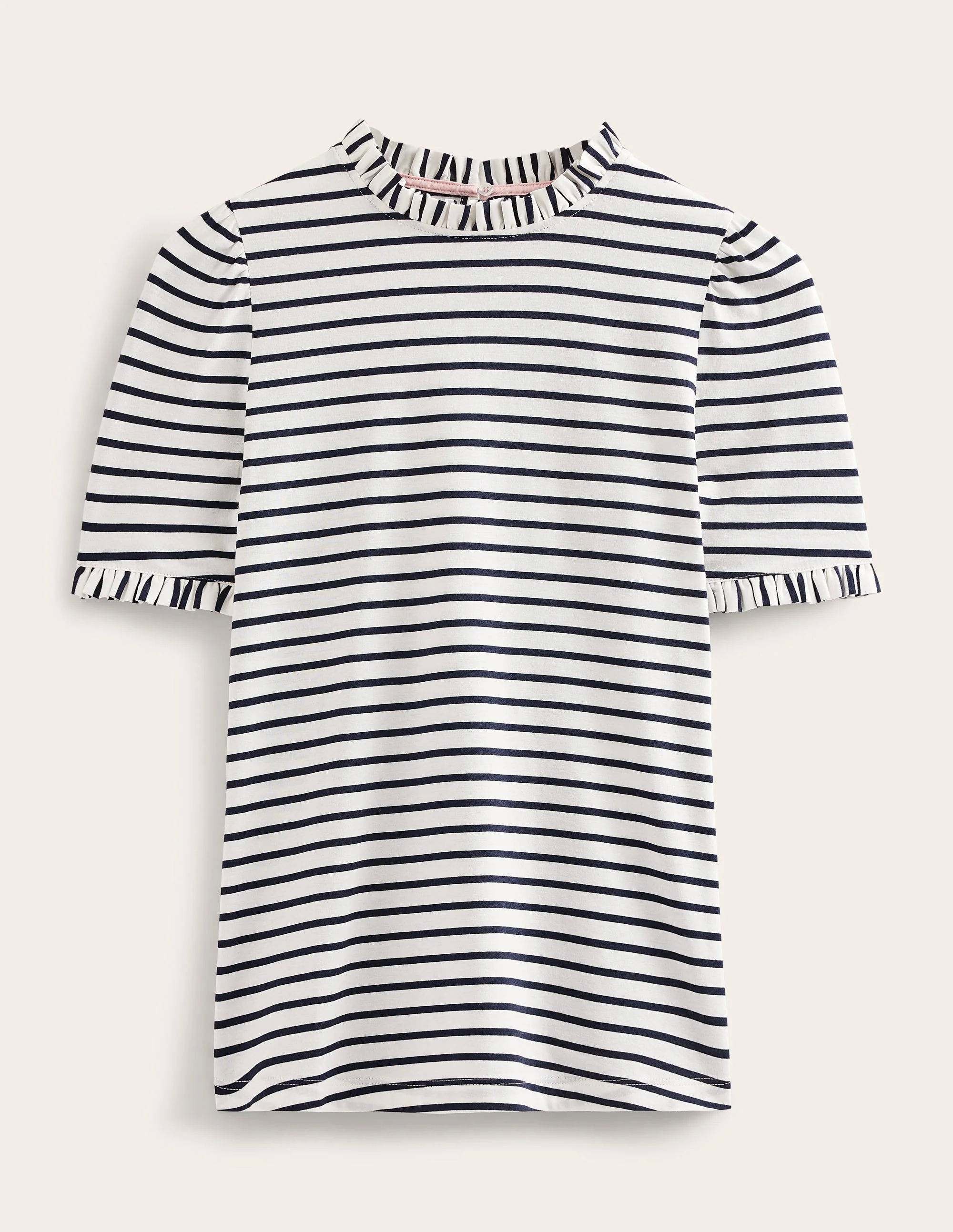 Supersoft Frill Detail T-shirt-Ivory, Navy Stripe Supersoft Frill Detail T-shirt-Ivory, Navy Stripe