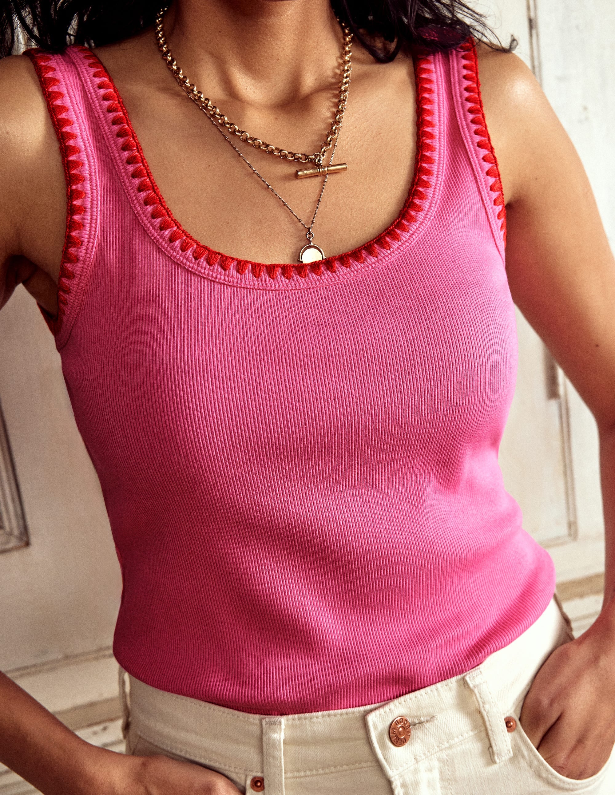 Crochet Trim Tank Top-Pink Crochet Trim Tank Top-Pink