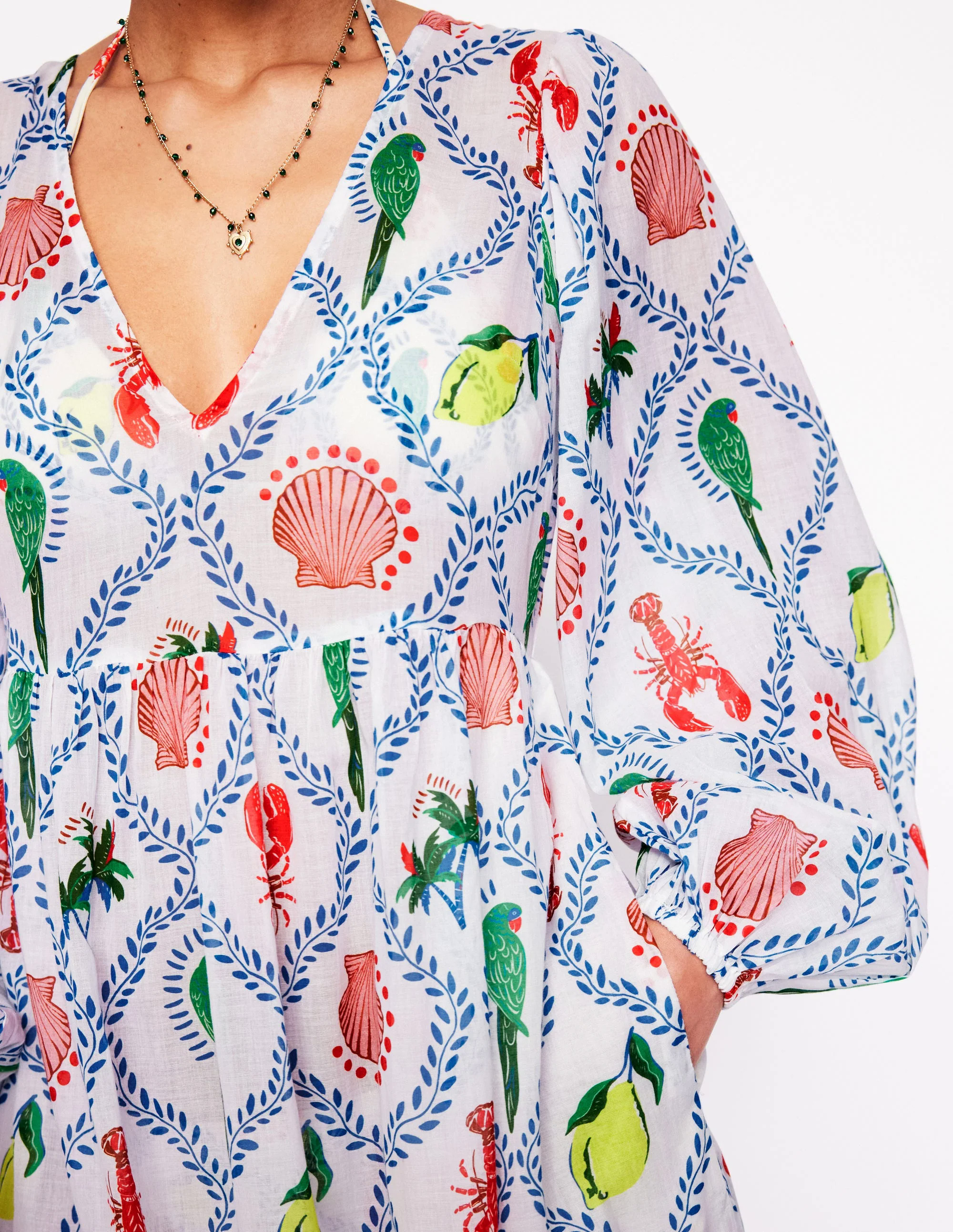 V-Neck Tiered Cotton Kaftan-Ivory, Tropical Bonanza V-Neck Tiered Cotton Kaftan-Ivory, Tropical Bonanza