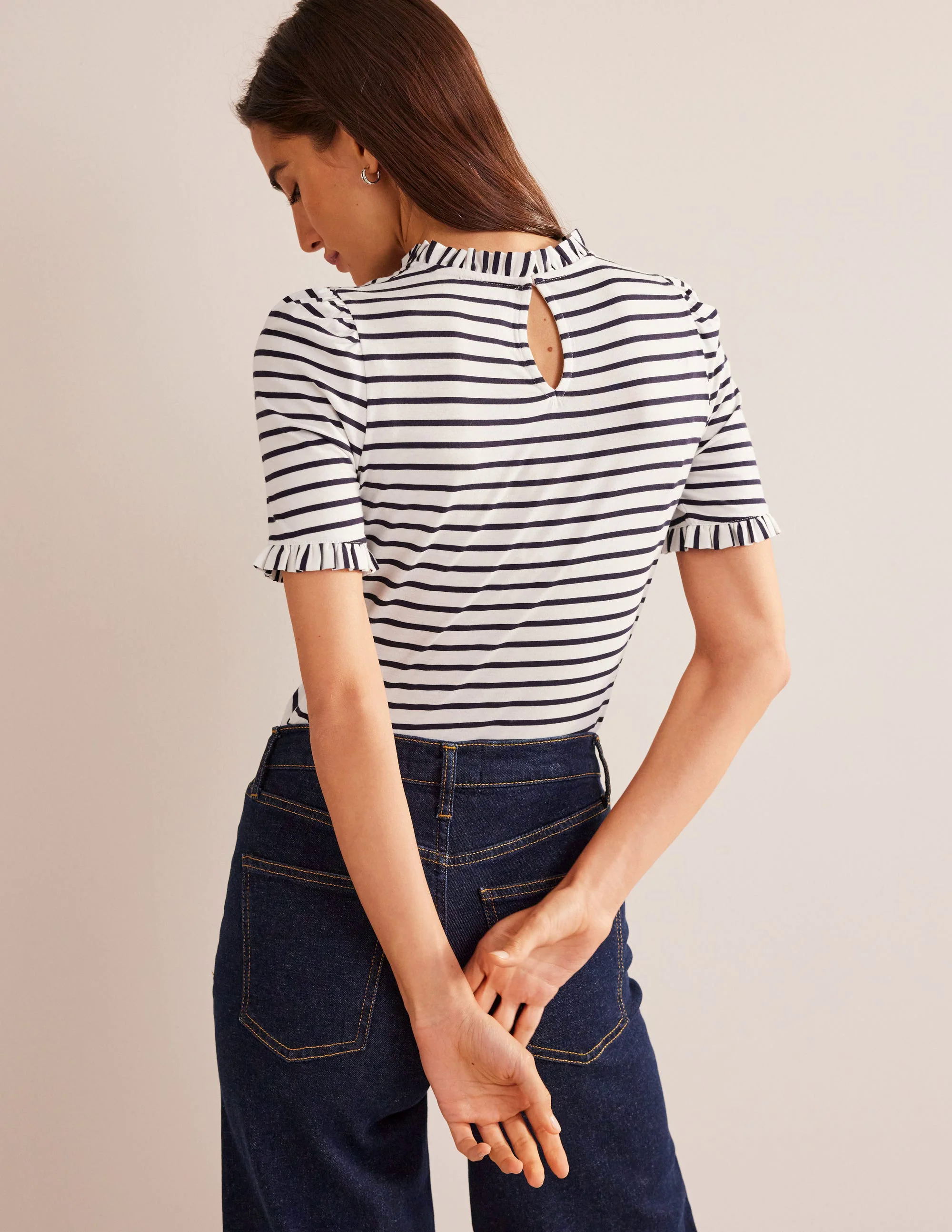 Supersoft Frill Detail T-shirt-Ivory, Navy Stripe Supersoft Frill Detail T-shirt-Ivory, Navy Stripe