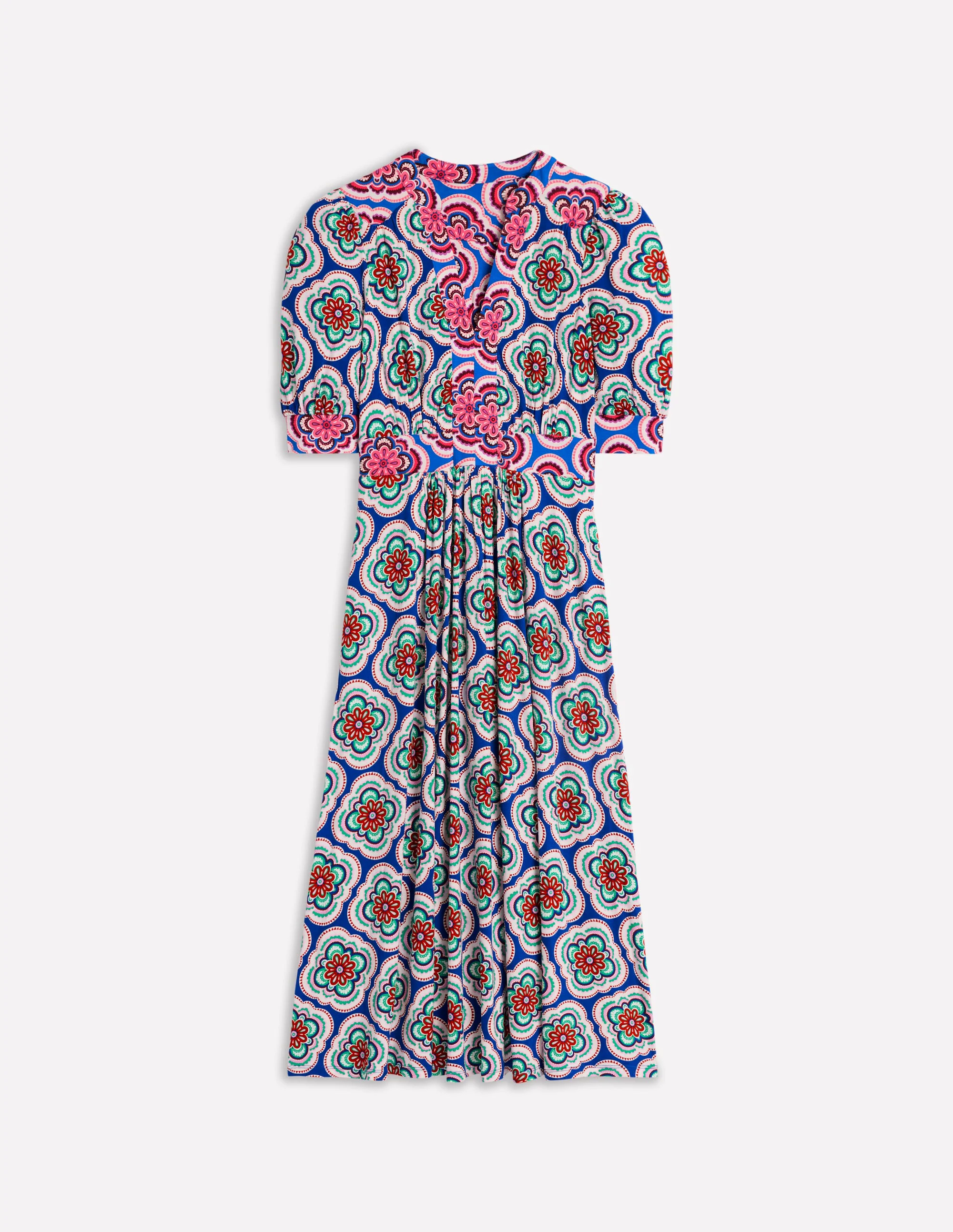 Lily Jersey Midi Tea Dress-Bright Blue, Botanic Blush
