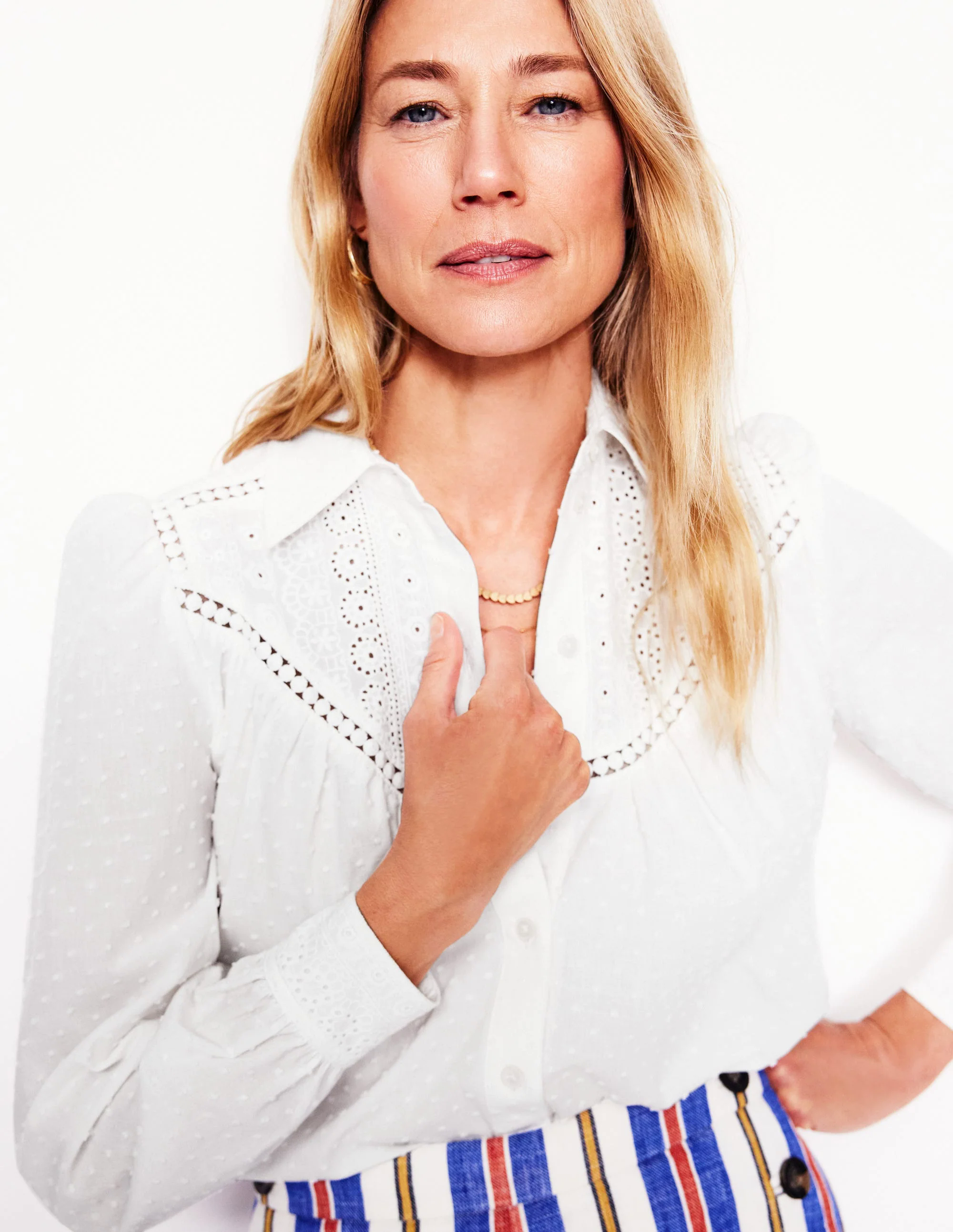 Broderie Contrast Yoke Shirt-White Broderie Contrast Yoke Shirt-White